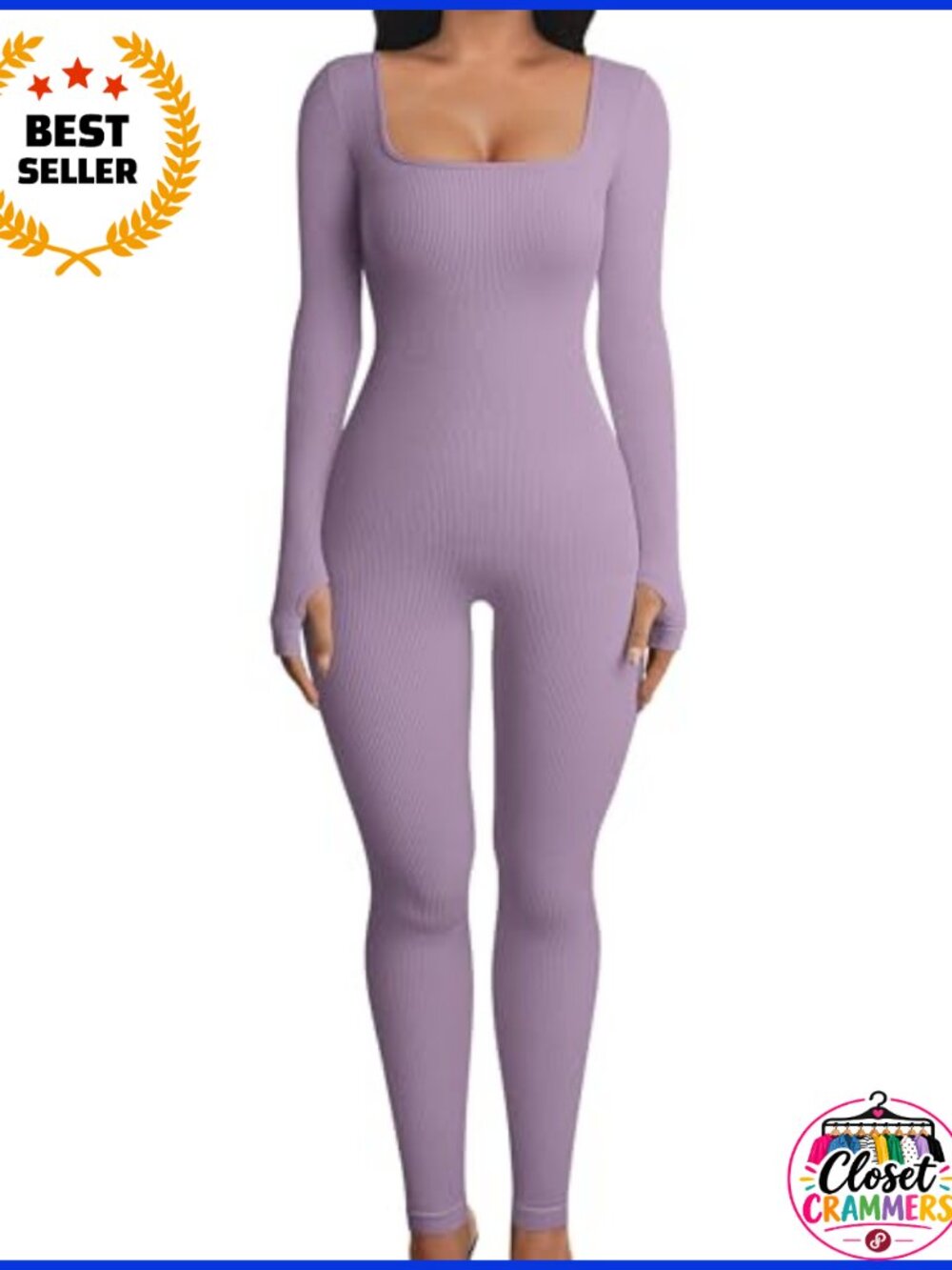 Ribbed Square Neck Long Sleeve Yoga Jumpsuit Workout One Piece